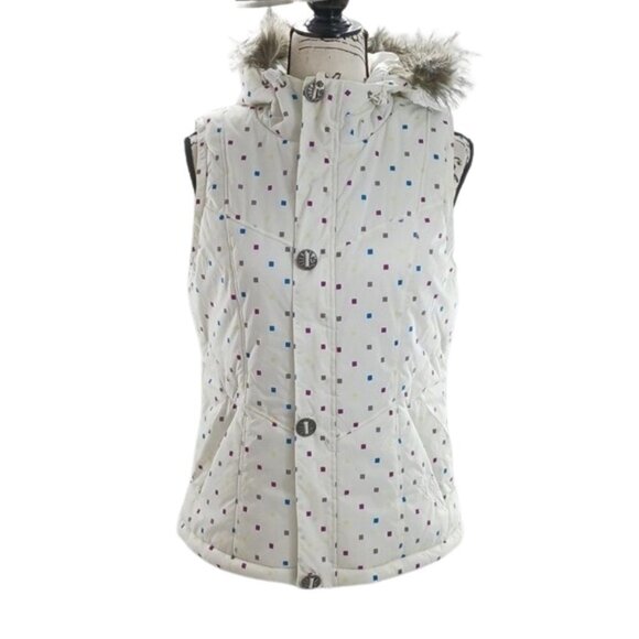 Burton Womens Size M Polka Dot Hooded Puffer Vest Faux Fur Snowboarding Zip - Picture 1 of 5